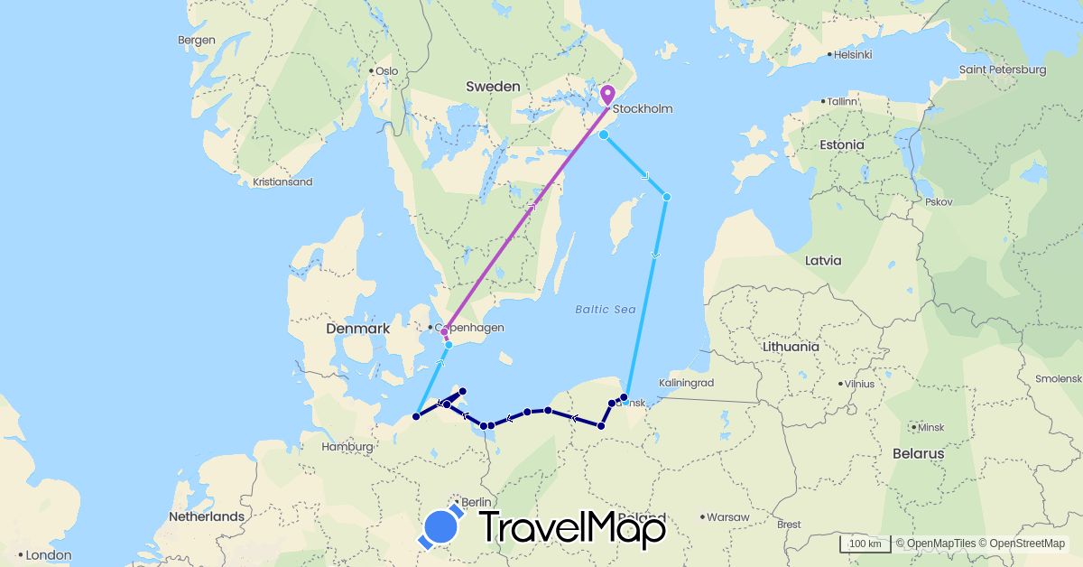 TravelMap itinerary: driving, train, boat in Germany, Poland, Sweden (Europe)